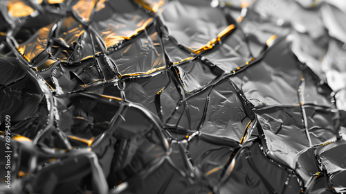 Realistic glass background with a cracked effect, creating an intriguing pattern and texture in black and gold shades