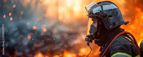 firefighter with helmet and air mask against fire flames in blur background photo