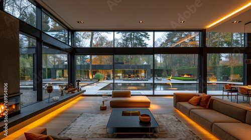 Modern living room with large windows, contemporary furniture, and warm ambient lighting.