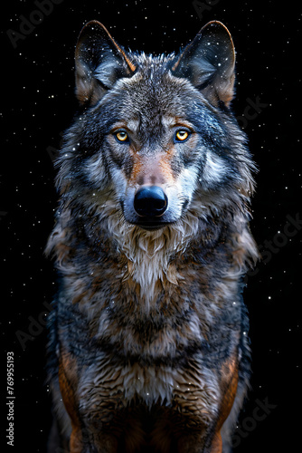 Lone wolf looking at the camera in pitch darkness. © Asurian