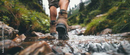 An intrepid hiker, donned in robust hiking boots, navigates the rugged terrain beside a pristine mountain stream. © Evgeniia