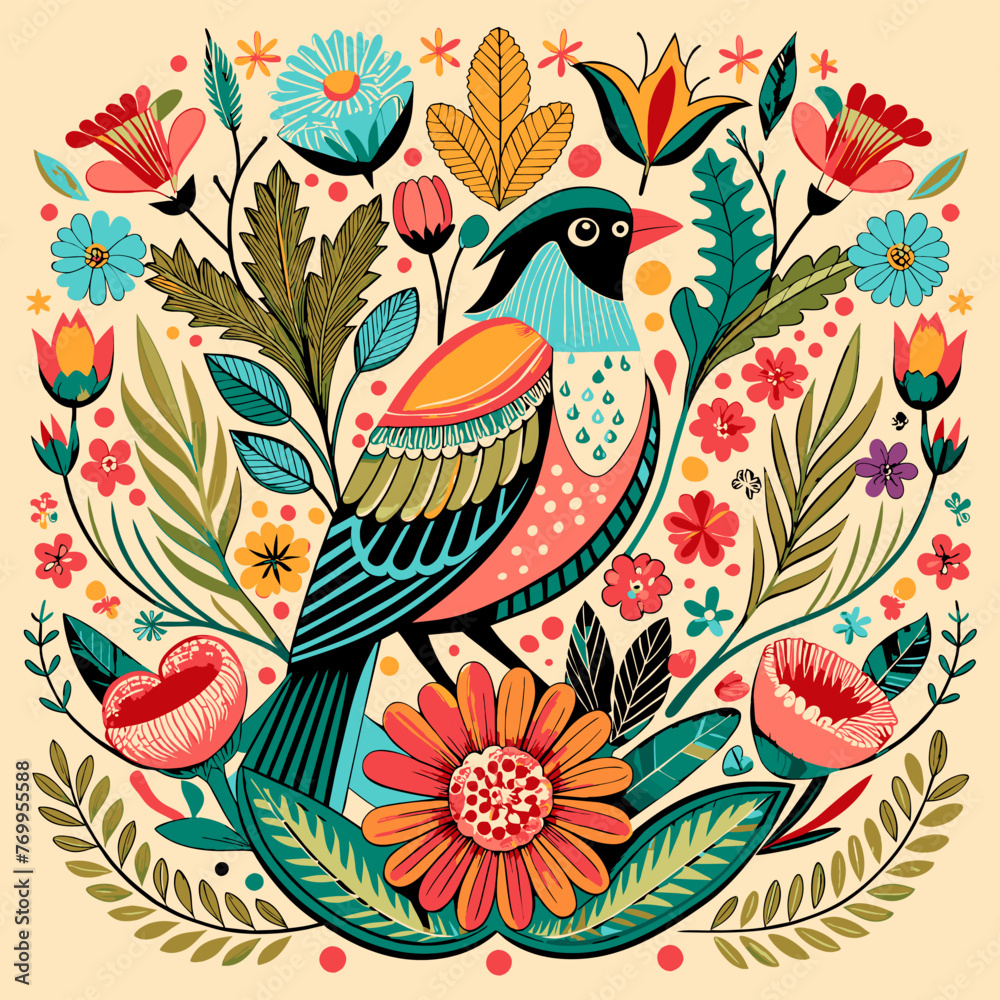 Nature painting bird floral sketch classical flat design symmetrical drawing 

