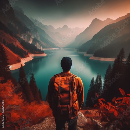 Backpacker looks over beautiful vista of a lake sitting in a valley 