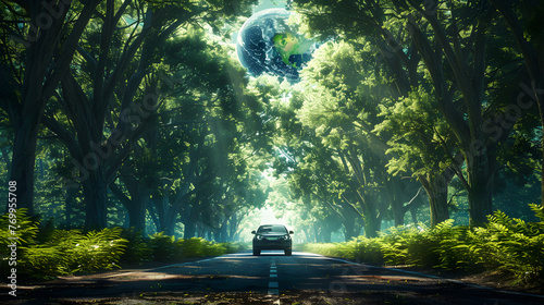 Eco-conscious car journeying through forest landscape, promoting ecosystem health and sustainable travel