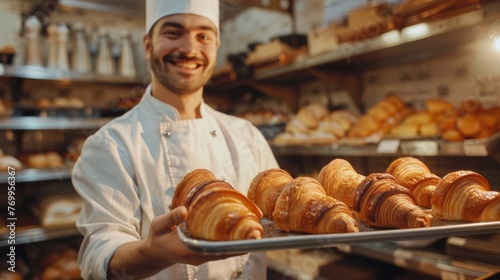 A baker holds a roasting pan with freshly baked croissants in his hands in close-up. Can be used as a banner in a cafe or on a website