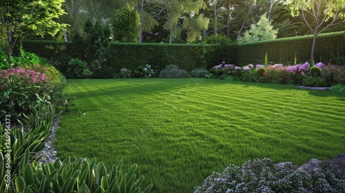 Freshly mown garden with green grass. Can be used as a banner for small businesses for lawn mowing services or lawn aeration.