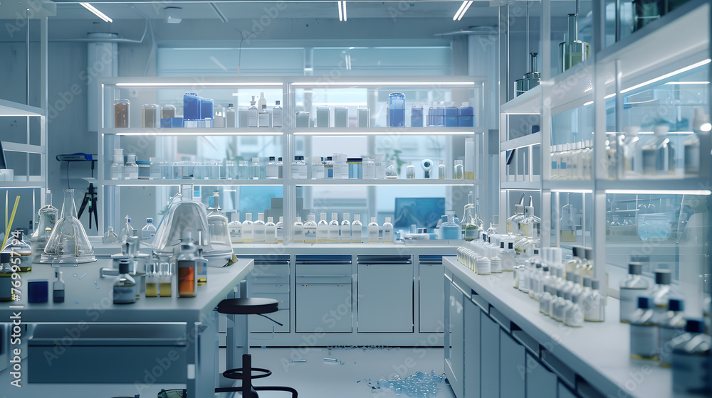 Modern Medical Research Laboratory with Microscope and Test Tubes with Biochemicals on the Desk Modern Medical Research Laboratory with Microscope and Test Tubes with Biochemicals on the Desk