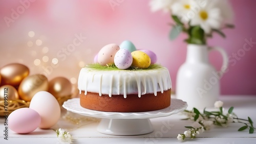 Traditional Easter cake or sweet bread, Easter eggs, white flowers. Easter treat, symbol of the holiday