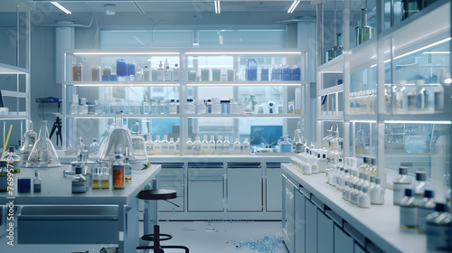 Modern Medical Research Laboratory with Microscope and Test Tubes with Biochemicals on the Desk