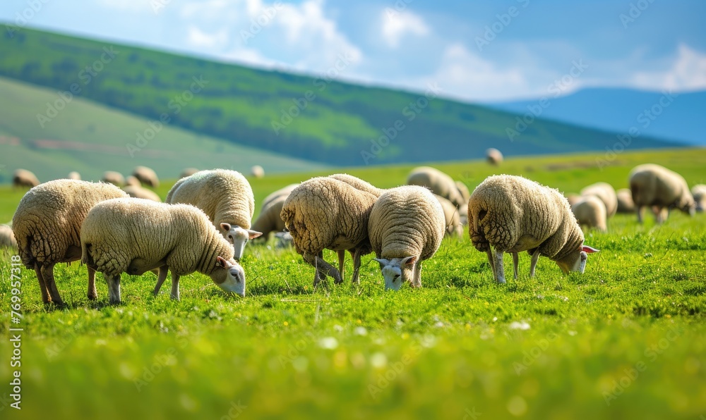 Fototapeta premium Meadow with grazing sheeps at Sunset light in background. Herd of sheep graze in mountains