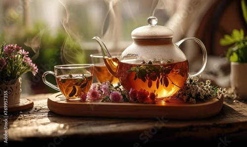 Cup of hot tea and wild flowers on wooden table. Various tea concept