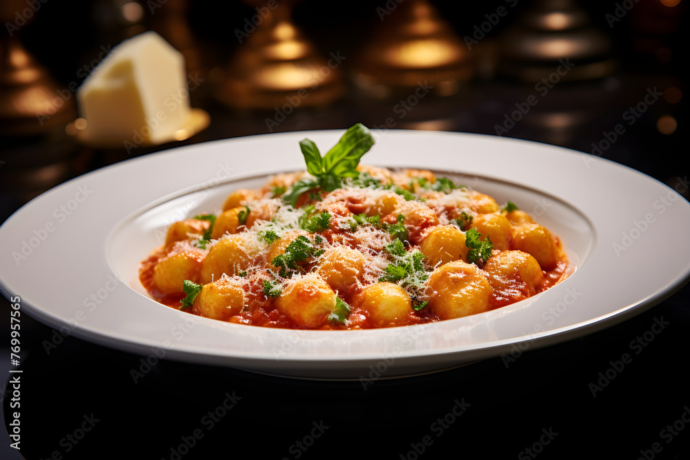 Premium Italian Homemade Gnocchi Dressed in Rich Tomato Sauce, Topped with Fresh Parsley and Parmesan Cheese