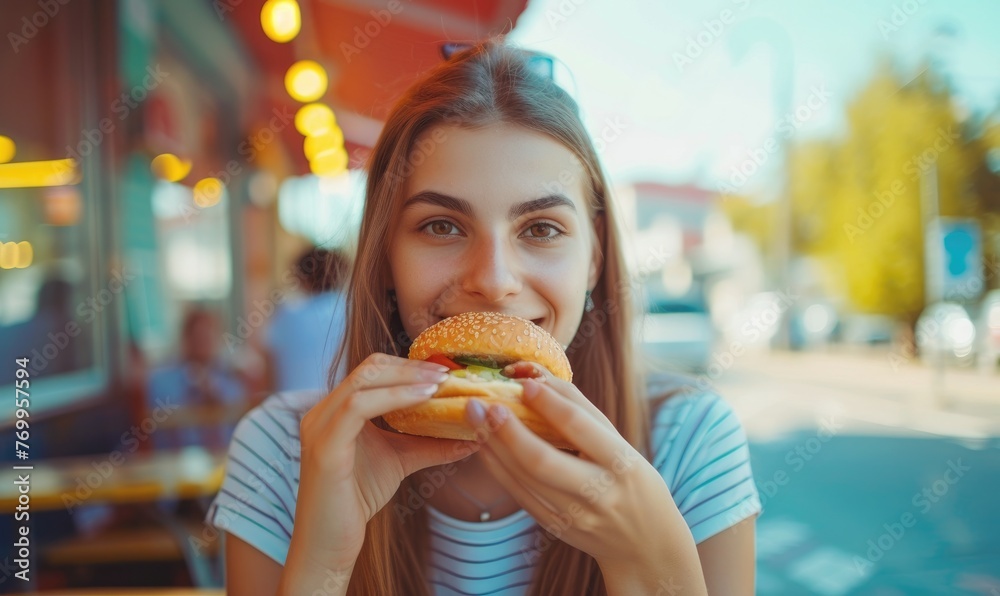 Woman eating favorite cheeseburger near fast food outside. eating burger detail