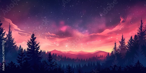 Fantasy landscape with mountains, forest and starry sky, Vector illustration, Ai Generated