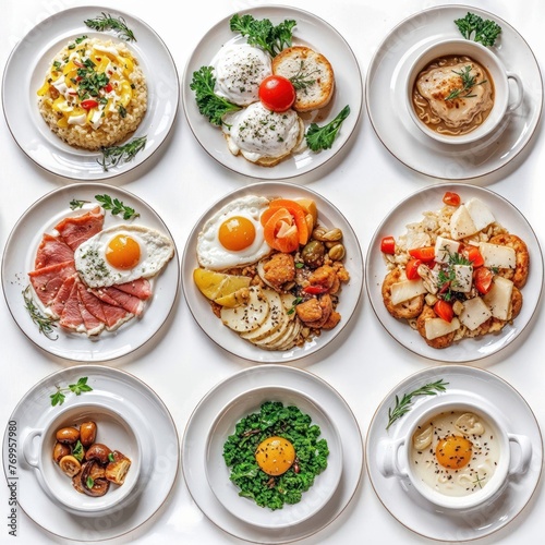An image featuring a diversity of nine breakfast dishes including pancakes  eggs  meats  and soup