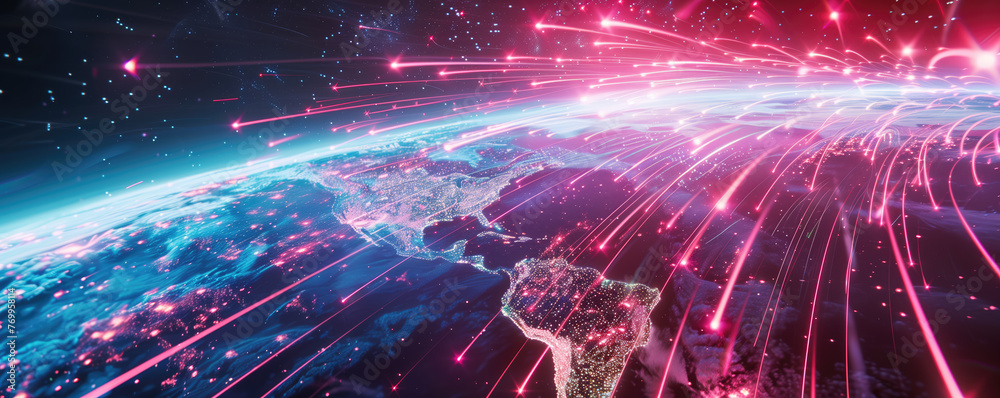 neon lines surround the digital Earth, symbolizing global connectivity and the pulse of digital communication networks.