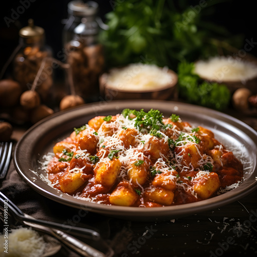 Premium Italian Homemade Gnocchi Dressed in Rich Tomato Sauce, Topped with Fresh Parsley and Parmesan Cheese