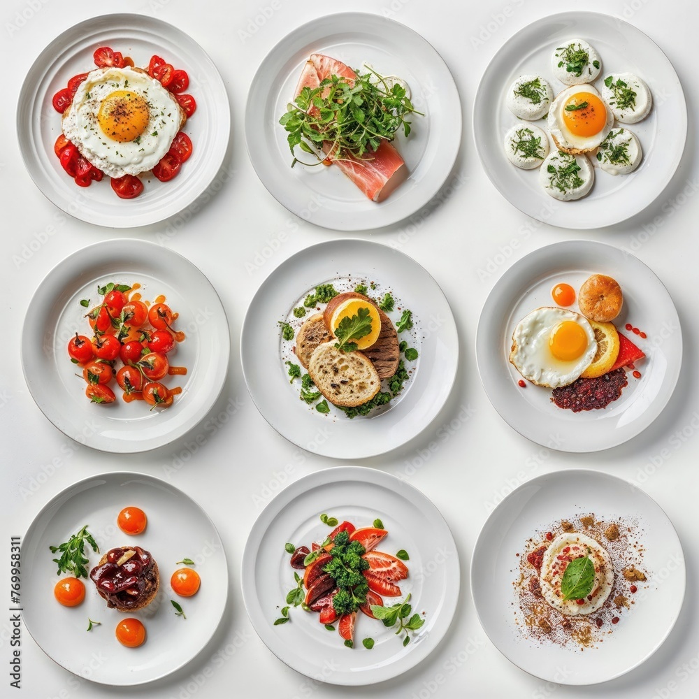 A collection of breakfast options, including egg dishes and accompaniments, neatly arranged on white plates, perfect for a morning meal