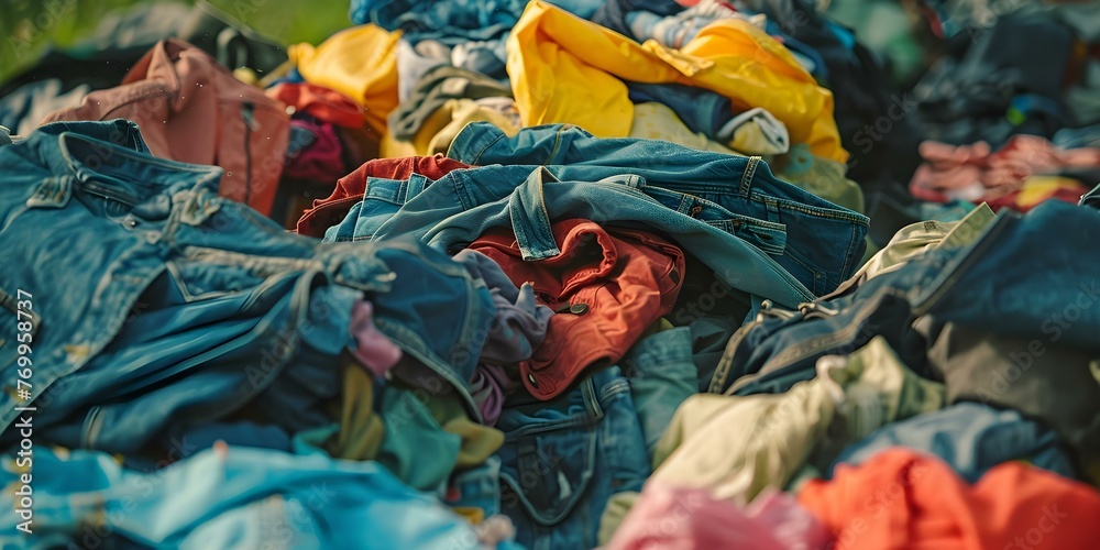 The Impact of Fast Fashion Waste: A Pile of Discarded Clothes in Landfill and Sustainable Fashion Solutions. Concept Fast Fashion Waste, Discarded Clothes, Landfill Impact, Sustainable Solutions