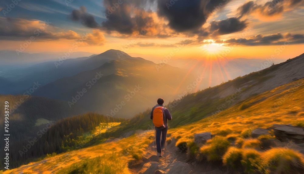 hiking in the mountains. sunset in the mountains. Mountain travel hike people adventure man summer