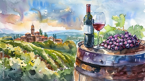 Watercolor illustration of a wine bottle, glass and grapes on a barrel with a view of the vineyard and a distant castle on the hill