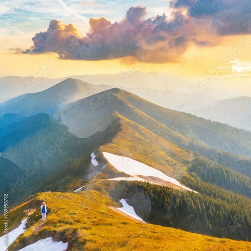 landscape with sky. sunset in the mountains. Mountain travel hike people adventure man summer