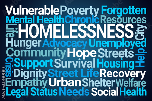 Homelessness Word Cloud on Blue Background
