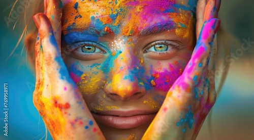 a woman with colorful hand painted with powder, in the style of national geographic photo, joyful and optimistic, brightly colored 