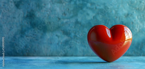 Detailed image of a heart emoji against a serene blue surface  featuring a clear space for text.