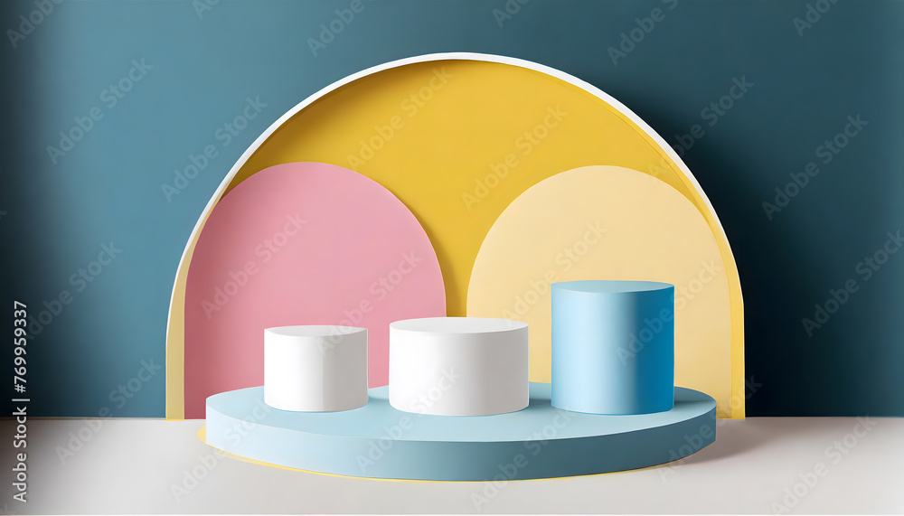 Set of white realistic 3d cylinder pedestal podium with pastel yellow, blue and pink in semi. Generative AI.