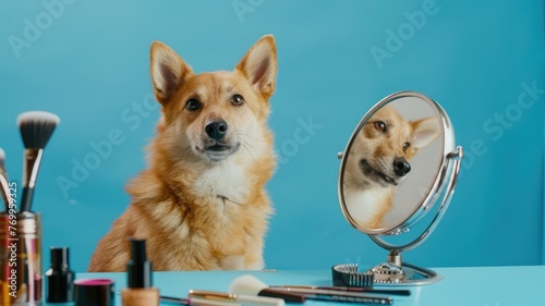Corgi dog looking at reflection in mirror - A Corgi dog sits on a blue background, intensely gazing at its own reflection in a vanity mirror, surrounded by cosmetics photo