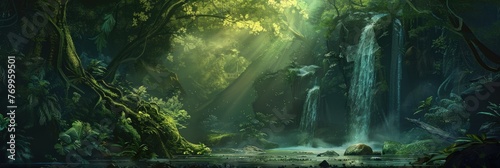 Enchanted waterfall and jungle landscape - Magical green jungle with sunbeams piercing through  highlighting a cascading waterfall and rich vegetation