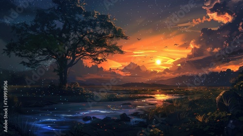 Enchanting twilight scenery with a tree and river - A captivating artwork of a magical evening scene with a large tree, river, and sunset amidst a star-filled sky