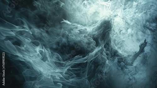 Ethereal smoke forms embracing couple silhouette - An enchanting image capturing two silhouettes in an embrace, shrouded by delicate smoke swirls