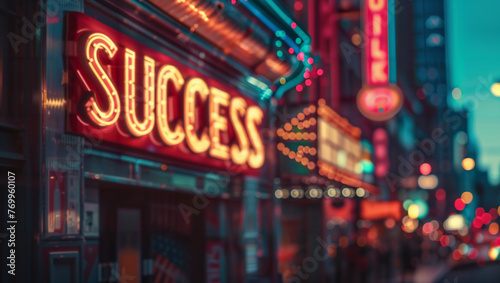 The word "SUCCESS" in the form of an old cinema marquee in a city with blurred streetlights in the background. © Erich