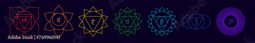 Chakra set, line art symbols. Meditation, spirituality, energy, healing vector illustration icon set on dark background