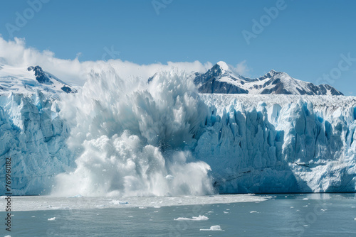 A huge wave of ice and water crashes into a glacier