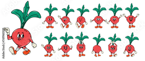 Set of walking characters in retro groovy style. Collection of radishes. Vegetables and fruits. Vintage and hippie 70s, 80s. Icons and stickers. Postures and facial expressions. Comic funky cute. Eco © Валерия Богданова