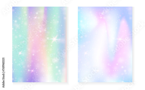 Princess background with kawaii rainbow gradient. Magic unicorn hologram. Holographic fairy set. Creative fantasy cover. Princess background with sparkles and stars for cute girl party invitation.