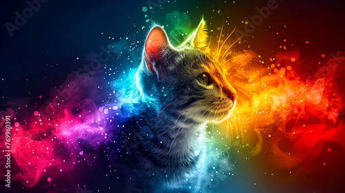 A serene portrait of a kitten surrounded by watercolor auroras, with its fur patterned in a spectrum of soft, ethereal lights © weerasak