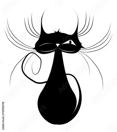 Black smiling cat with a sly squint and a long mustache