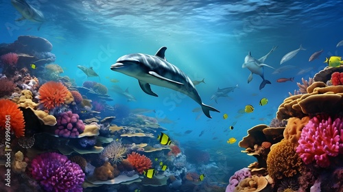 Dolphins underwater near the beautiful colorful coral reef. Dolphins approaching water surface