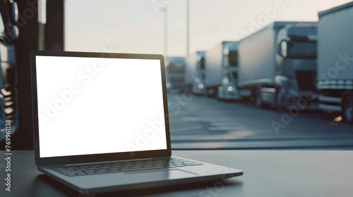 An open laptop with a mock-up blank screen stands in focus with logistic trucks parked in the background, indicating logistics management or technology in transport