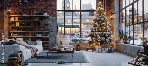 Minimalist office space decorated for Christmas with white furniture and brick walls. A large window in the background shows an urban cityscape at night
