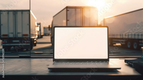 The serene scene of a setting sun behind rows of parked delivery trucks is captured through the open laptop  suggesting work and progress