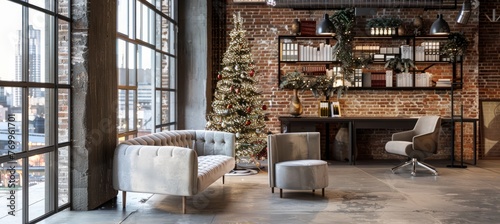 A modern minimalist office space decorated for Christmas with brick walls and large windows showing the cityscape outside