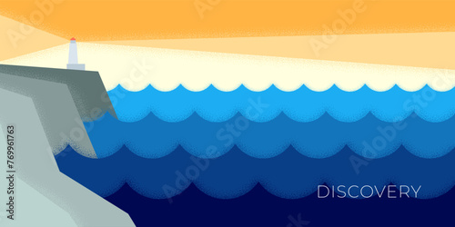 Abstract retro minimal horizontal banner with lighthouse on rock on sea. Geometric seascape vintage poster. Graphic beacon on ocean harbour scene on trendy minimalist vector eps print