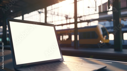 An open laptop on a train platform bathed in sunlight with a yellow train in the background photo