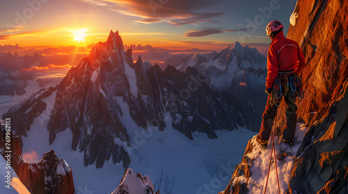 Mountaineer on the way to the top of a snowy mountain with breathtaking beautiful panorama with mountain peaks at sunset