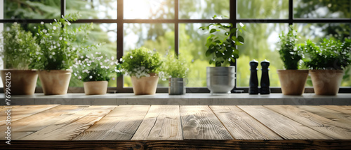 A meticulously designed photo setup with a wooden tabletop and blurred kitchen background, perfect for showcasing products